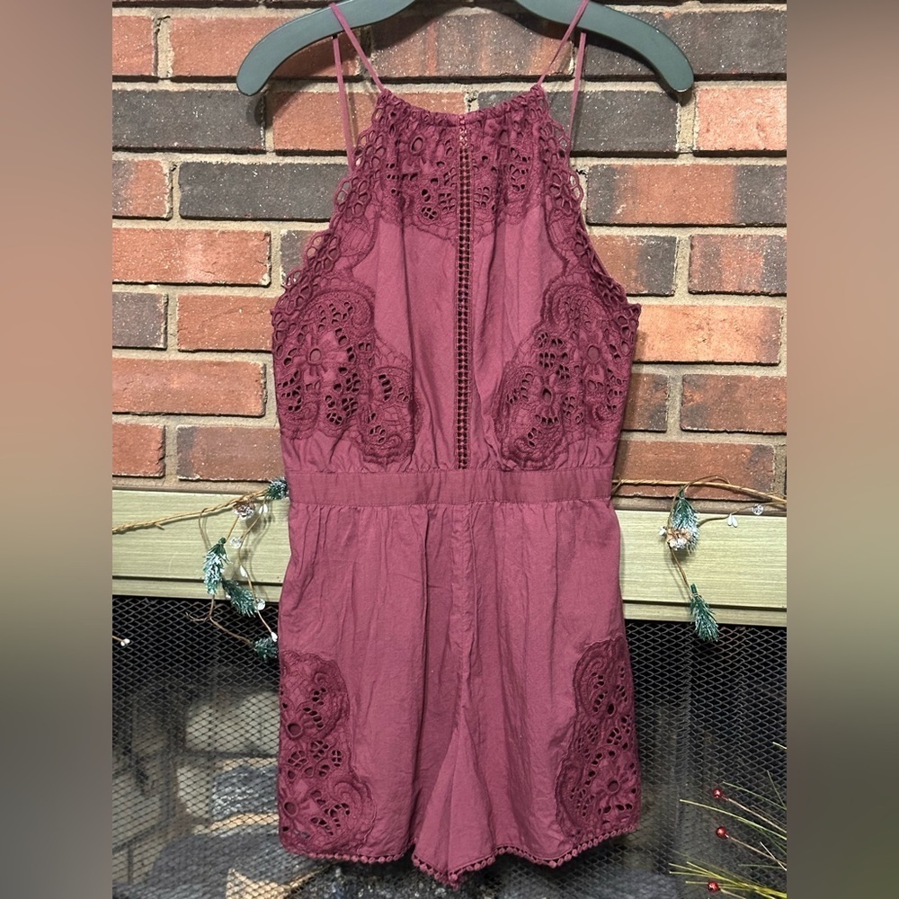 #11) cute embroidered maroon romper.excellent condition.
